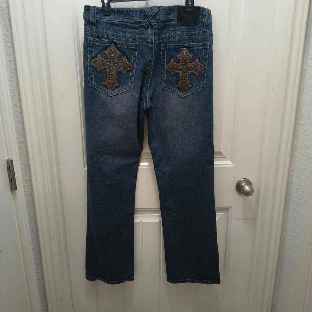 Xtreme Couture Affliction Mens Blue Studded Cross Straight Leg Jeans Y2K MMA